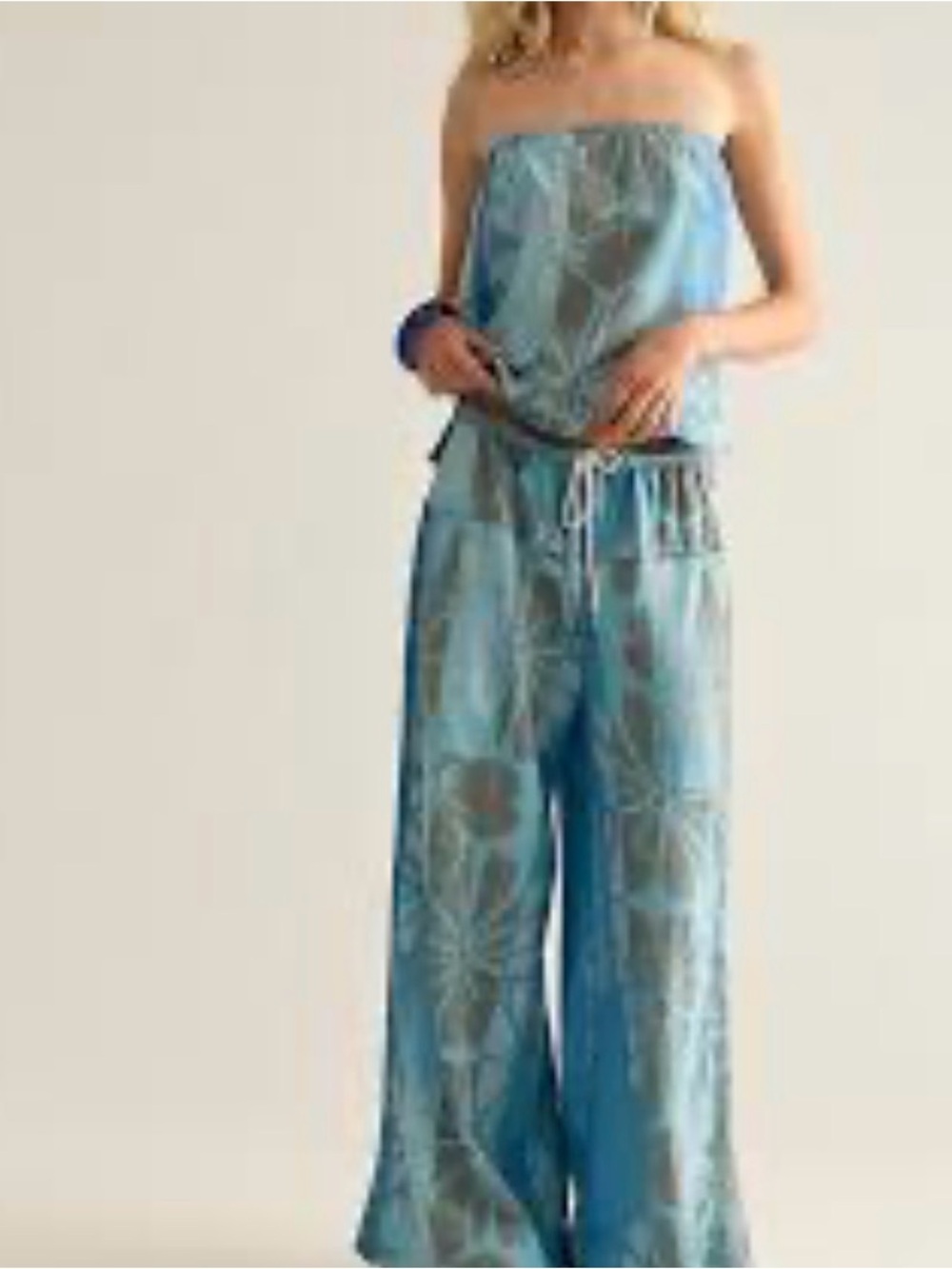 Free People Blue Patterned Strapless Wide-Leg Jumpsuit